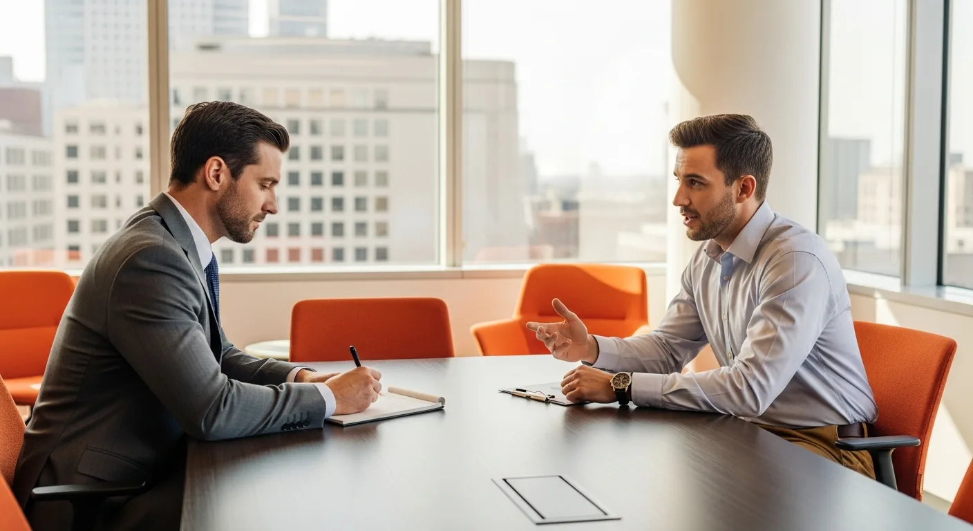 Engineering manager candidate speaking confidently to hiring manager during job interview in conference room