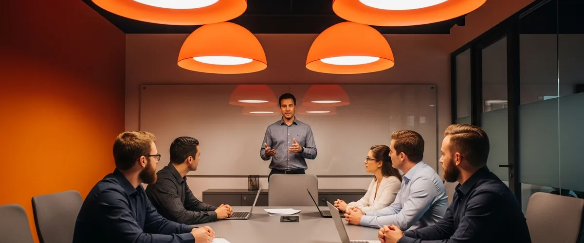 Engineering manager presenting to engineering team in modern tech conference room with orange accent walls