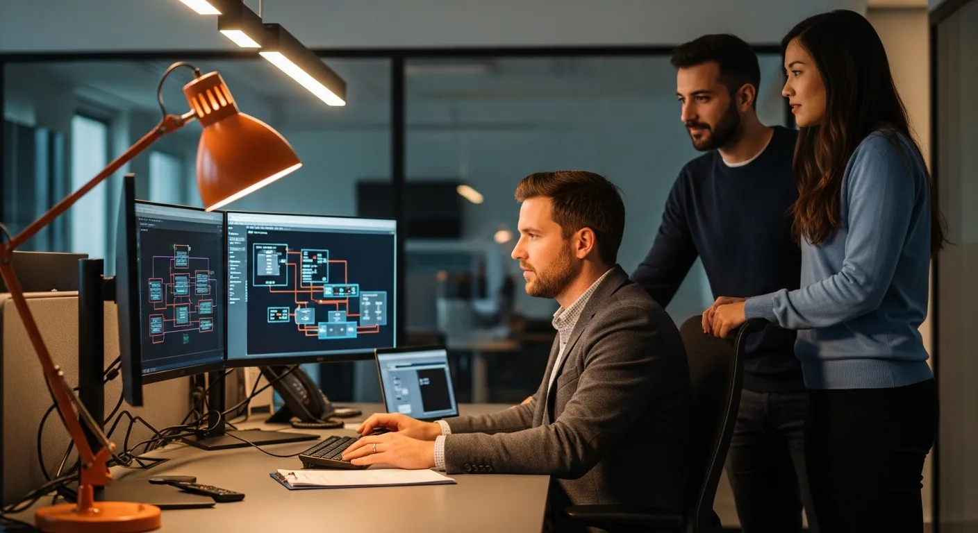 Engineering manager reviewing system architecture with two engineers at dual monitors in modern tech workspace
