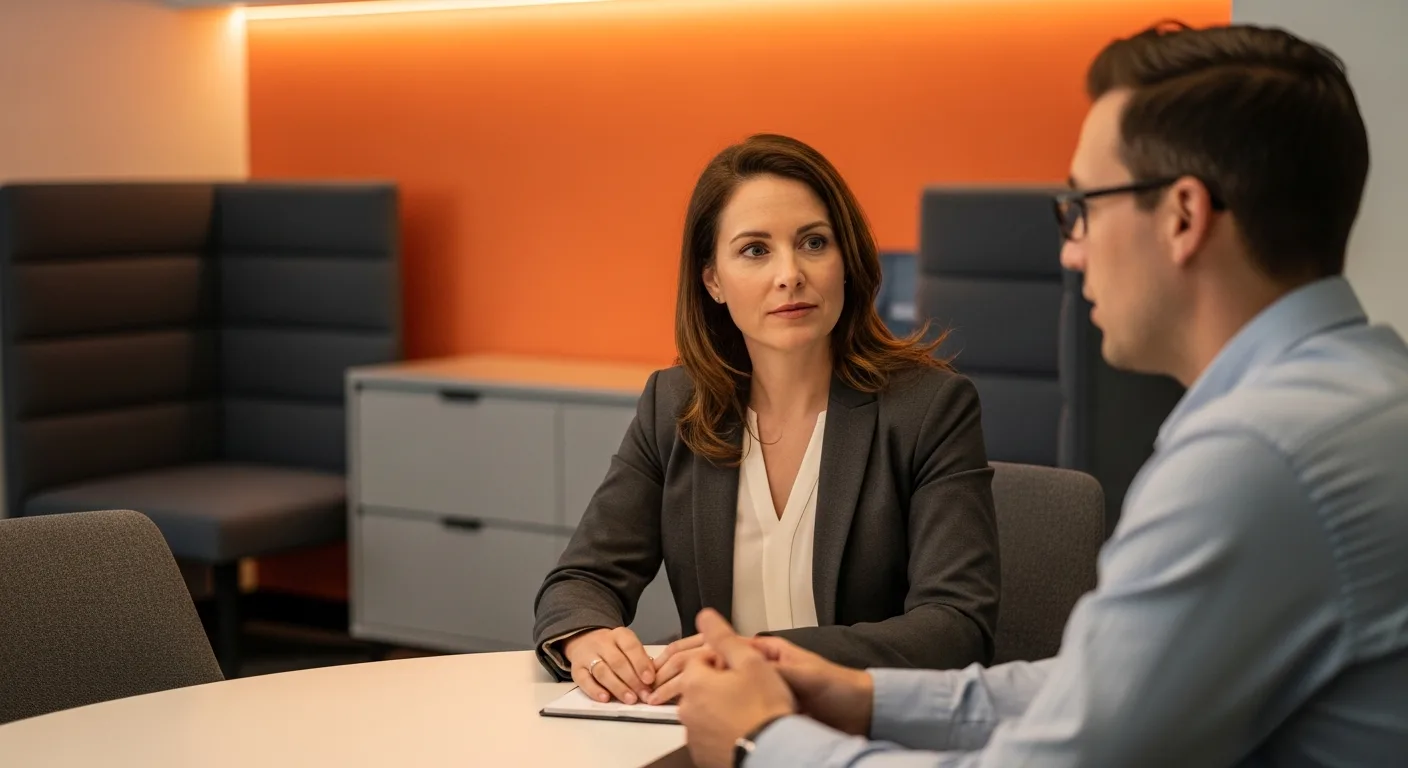 Engineering manager conducting focused one-on-one performance meeting with direct report engineer in modern office