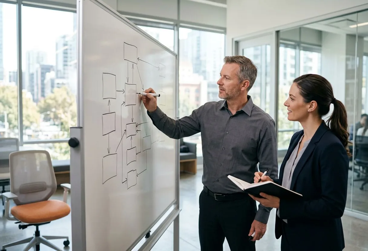 Enterprise architect mapping enterprise systems on a whiteboard with KORE1 recruiter