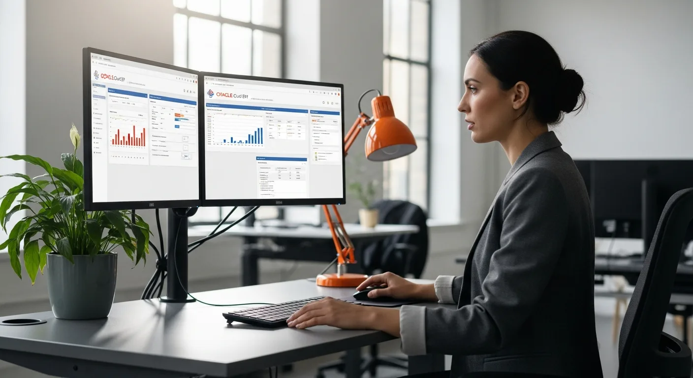 ERP consultant configuring Oracle Cloud ERP at dual monitor workstation