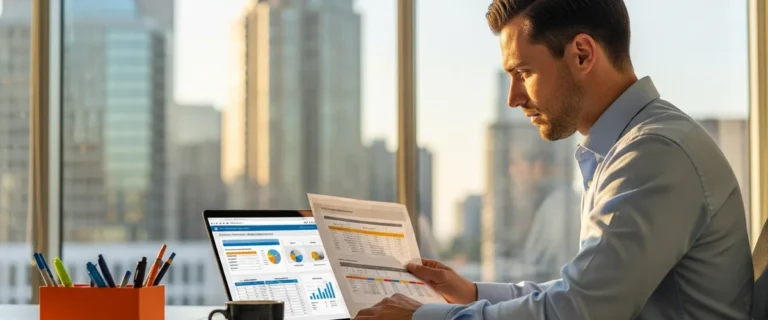 ERP consultant reviewing enterprise software implementation documents at desk