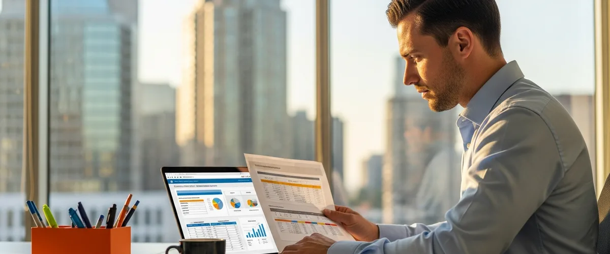 ERP consultant reviewing enterprise software implementation documents at desk