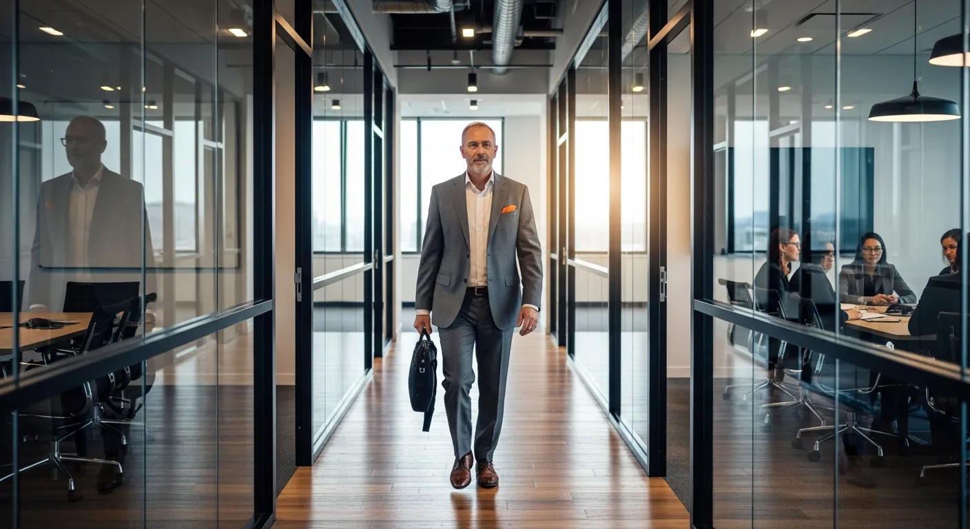 Senior ERP consultant walking through modern tech office hallway