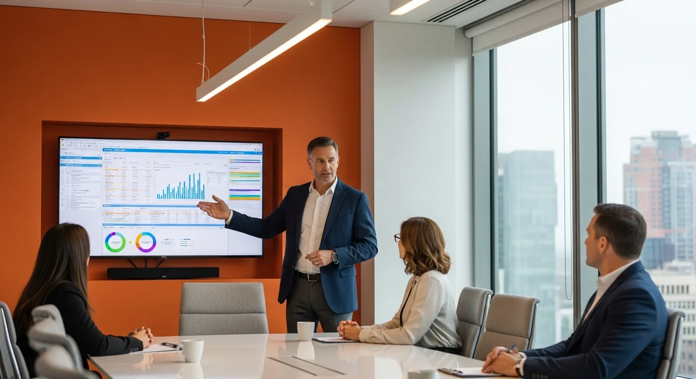 ERP consultant presenting SAP system dashboard to business stakeholders at conference table