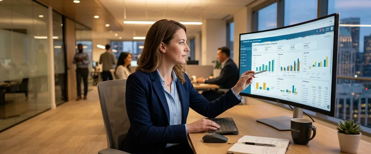 ERP consultant reviewing Oracle Fusion Cloud dashboard and implementation workflow on a widescreen monitor