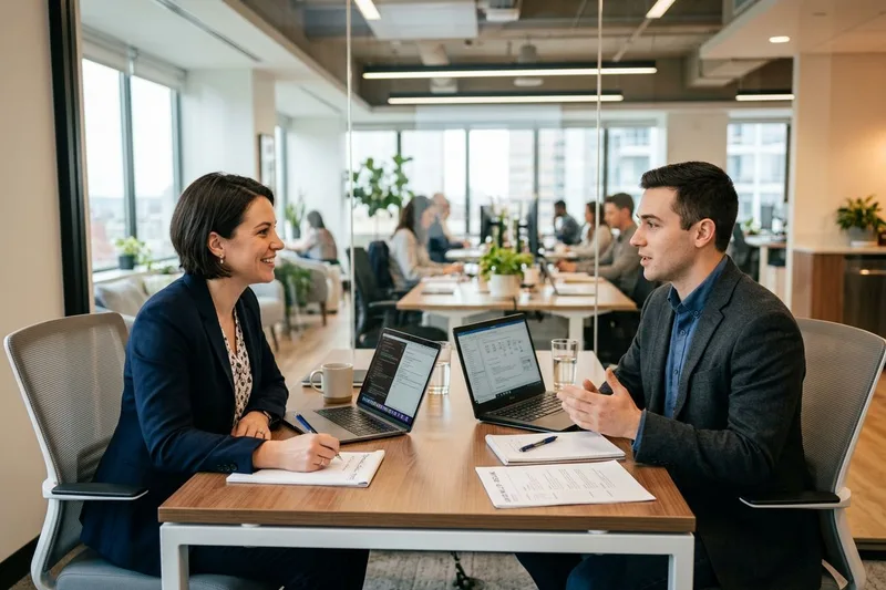 Hiring manager conducting a technical interview with an ERP consultant candidate in a professional office