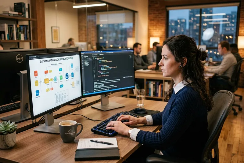 ERP migration consultant analyzing data mapping between legacy Oracle EBS and Fusion Cloud environments