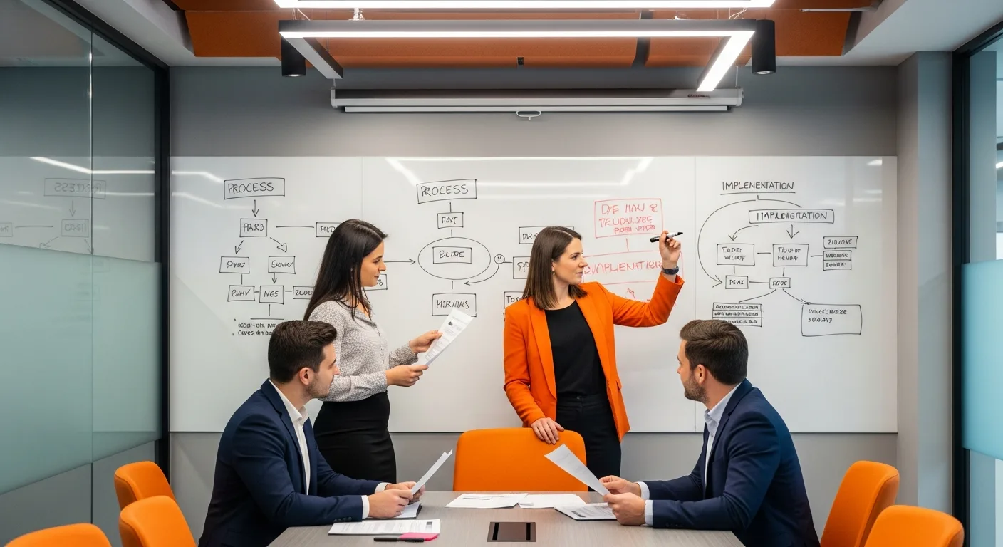 ERP implementation consulting team planning session with process flow diagrams on whiteboard