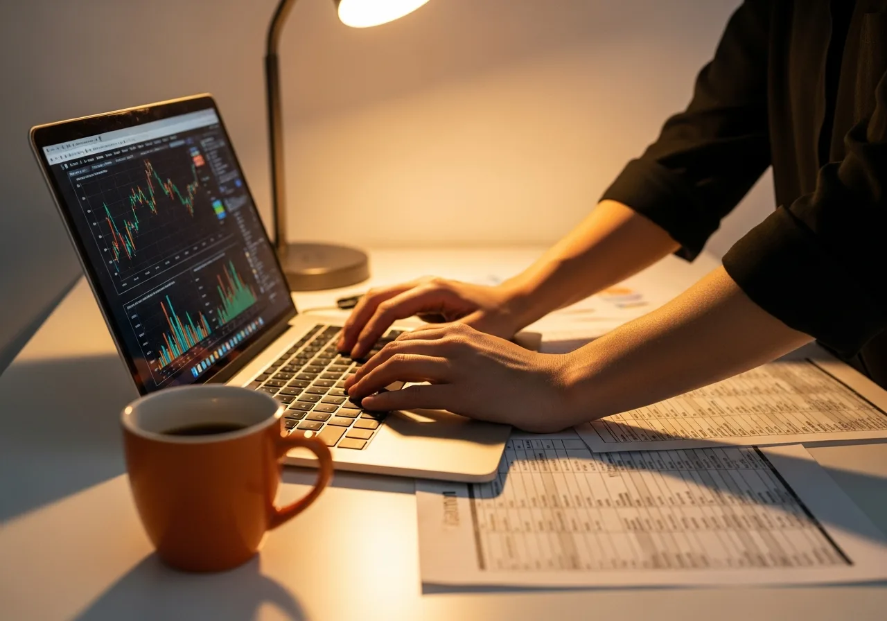 Close-up of a financial analyst at a desk with financial models open on a laptop and printed spreadsheets nearby