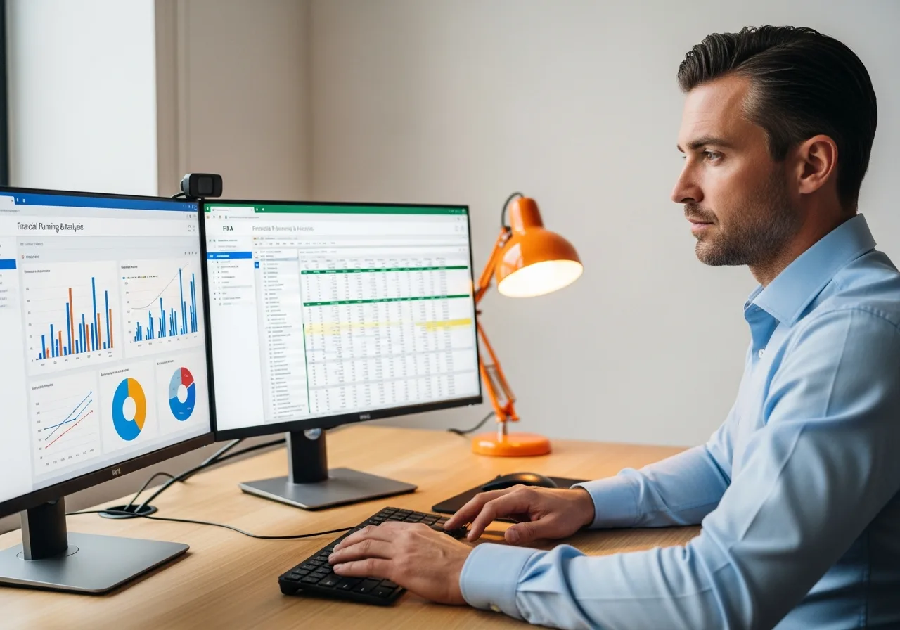Financial analyst reviewing FP&A performance dashboards on dual monitors at a modern office desk, KORE1 financial analyst staffing