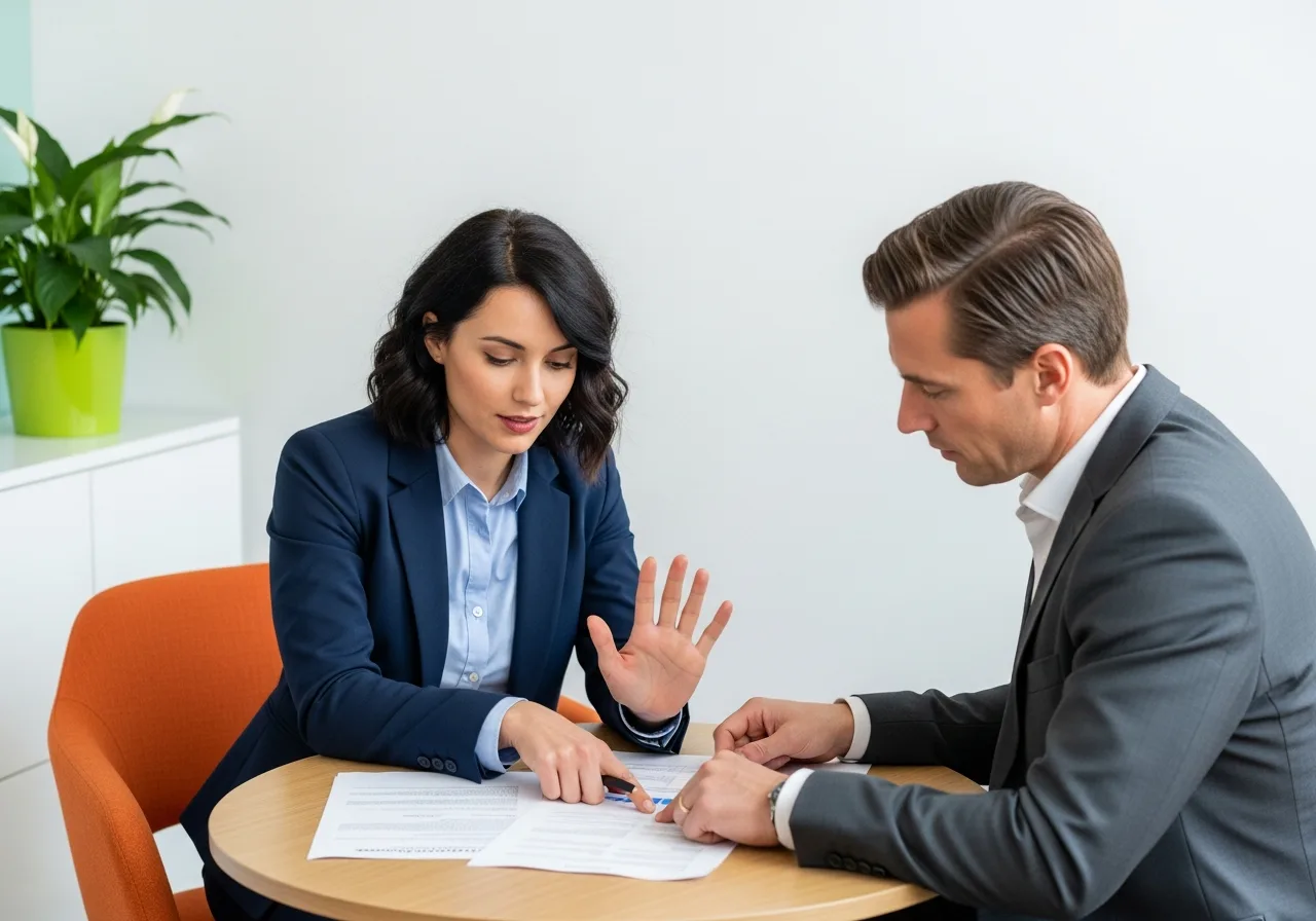 Recruiter and hiring manager reviewing financial analyst candidates together in a professional meeting room