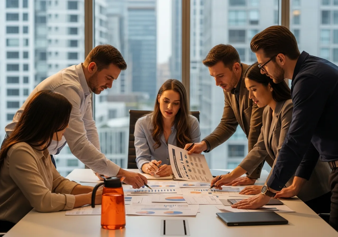 Financial analysts reviewing quarterly FP&A reports around a conference table in a modern office
