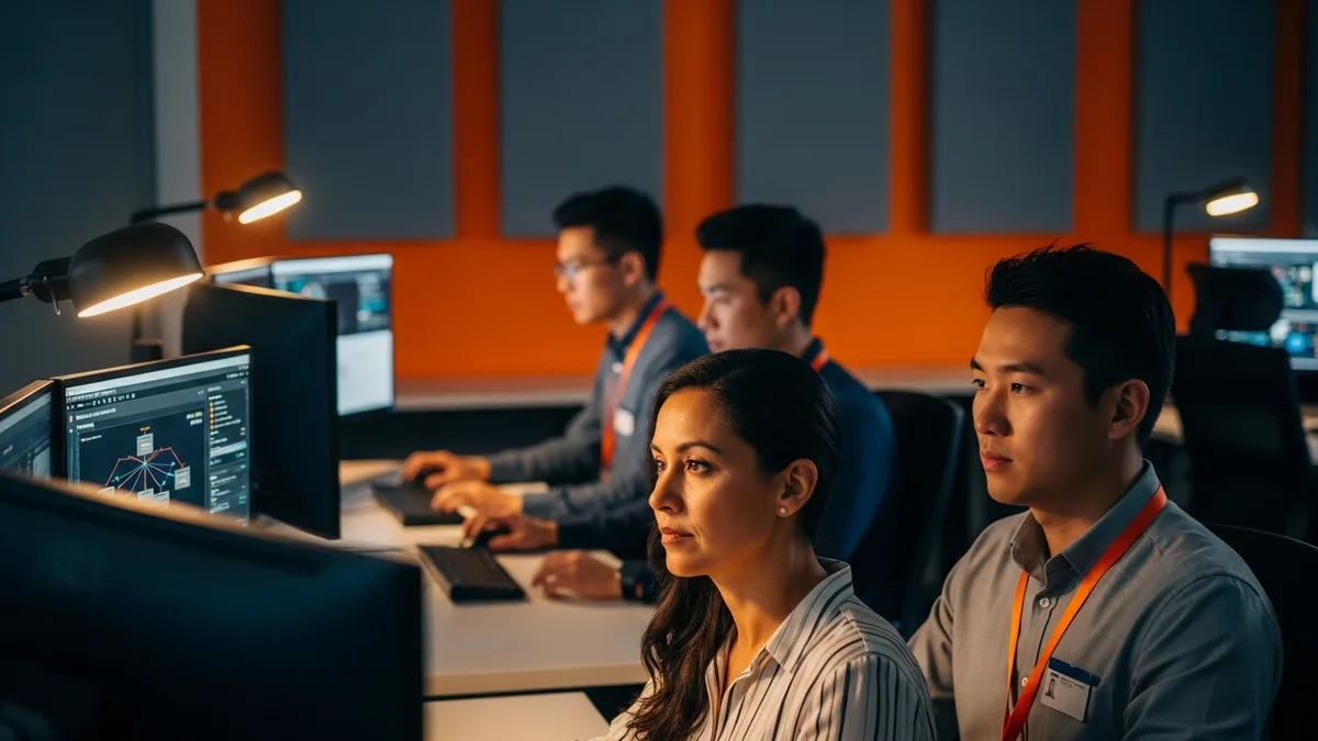 Cybersecurity analysts monitoring compliance dashboards in a bank security operations center
