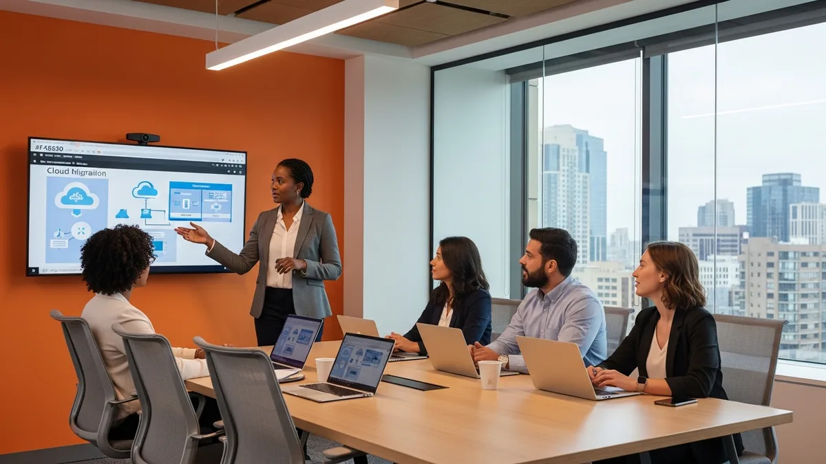 Financial services IT leader reviewing cloud migration architecture with a team at a modern bank technology office