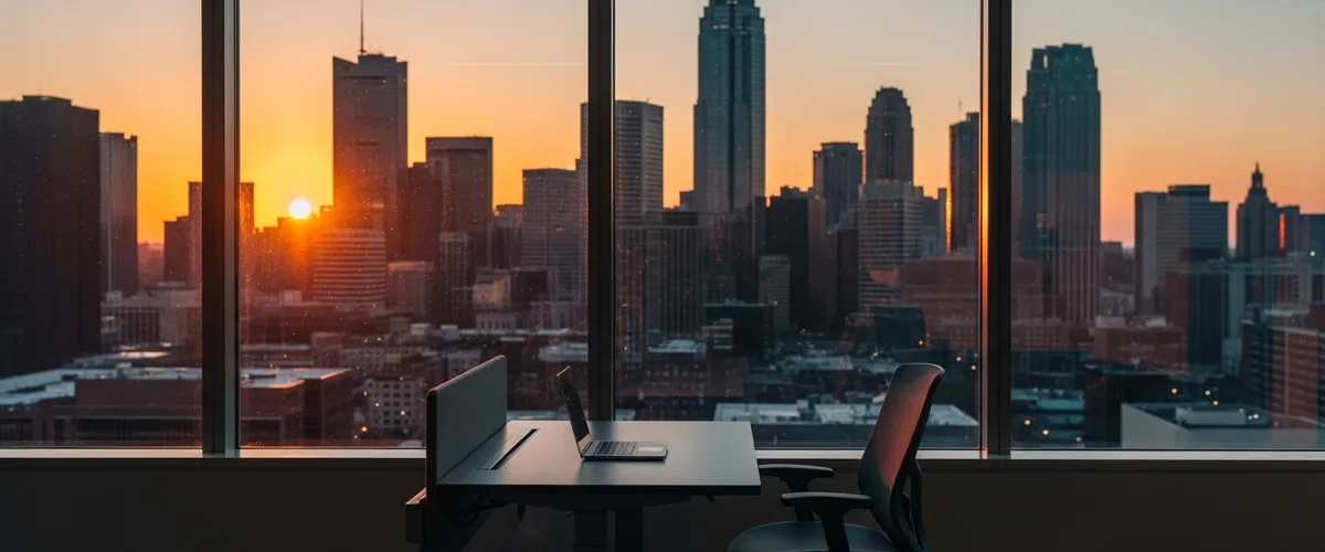Downtown financial district skyline at dusk viewed through a modern bank technology floor, featured image for Hiring Trends in Financial Services IT 2026