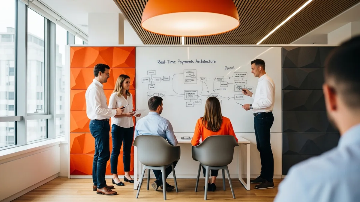 Fintech engineers collaborating on real-time payments architecture at a modern office with orange accents