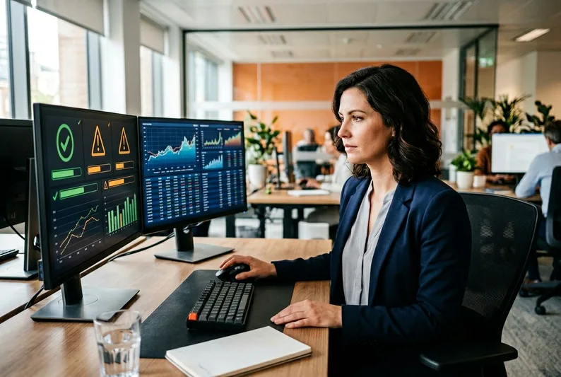 Financial services compliance analyst reviewing regulatory dashboards and security protocols