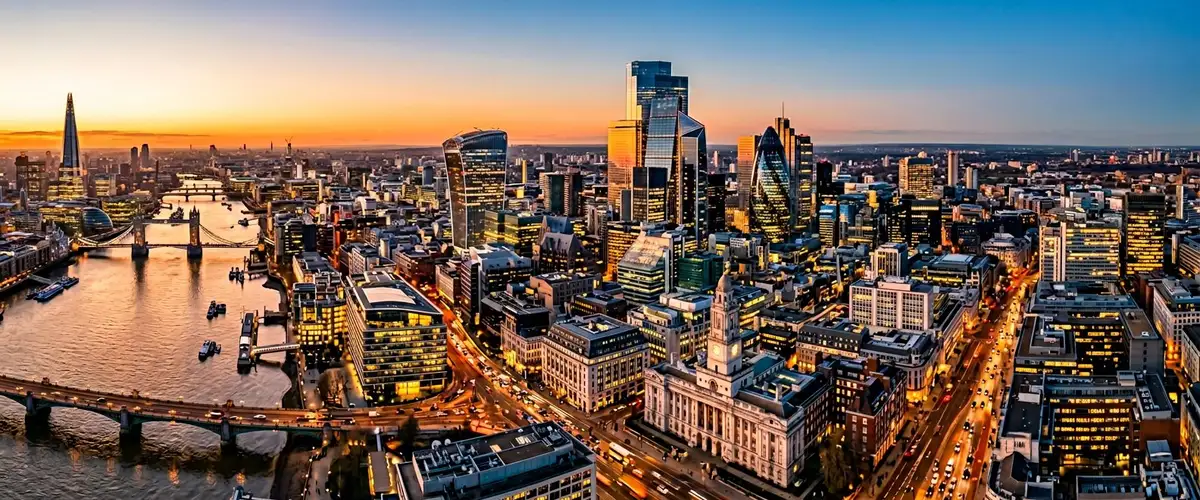 Financial district skyline at dusk representing KORE1 financial services IT staffing