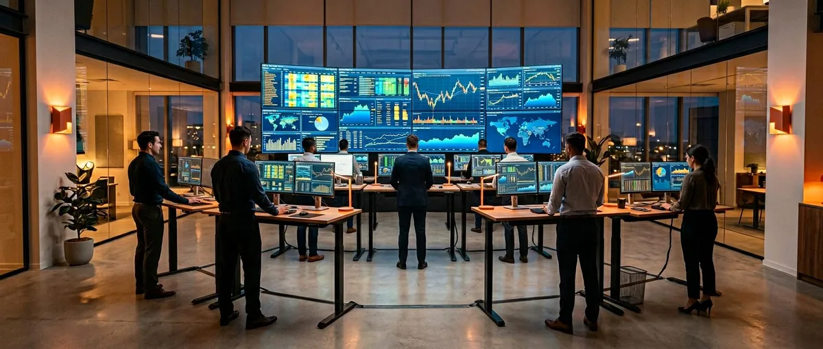 Financial services technology operations center with professionals monitoring trading systems and compliance dashboards