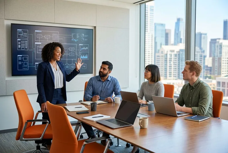 Financial technology engineering team collaborating on trading platform development