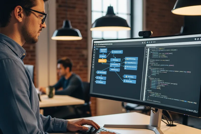 Financial technology engineer reviewing trading platform architecture and compliance dashboard