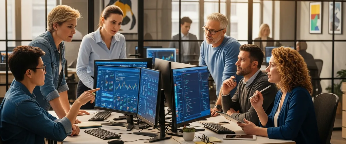 Fintech professionals collaborating on financial technology platform, KORE1 fintech staffing