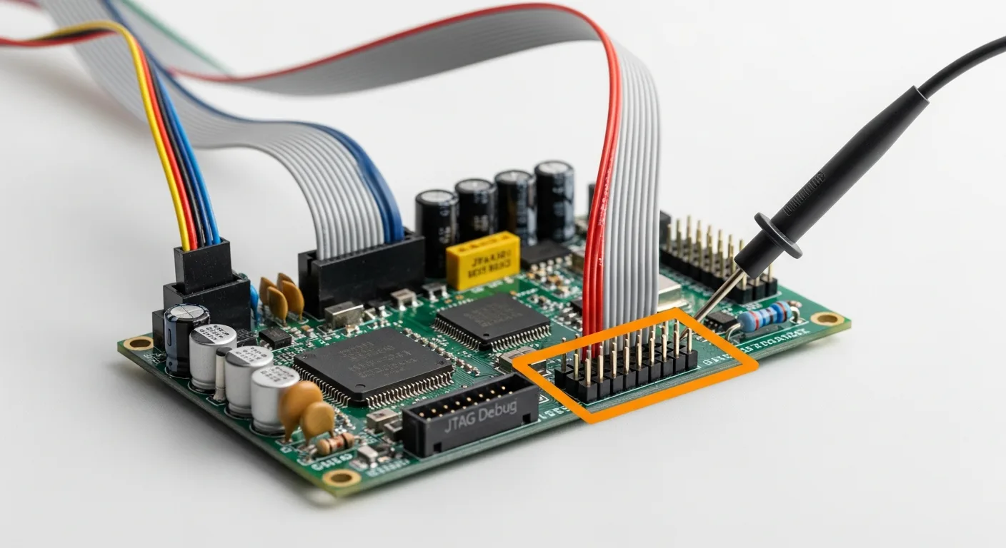 Close-up of embedded development board with cables, microcontroller chips, and debug probe connections