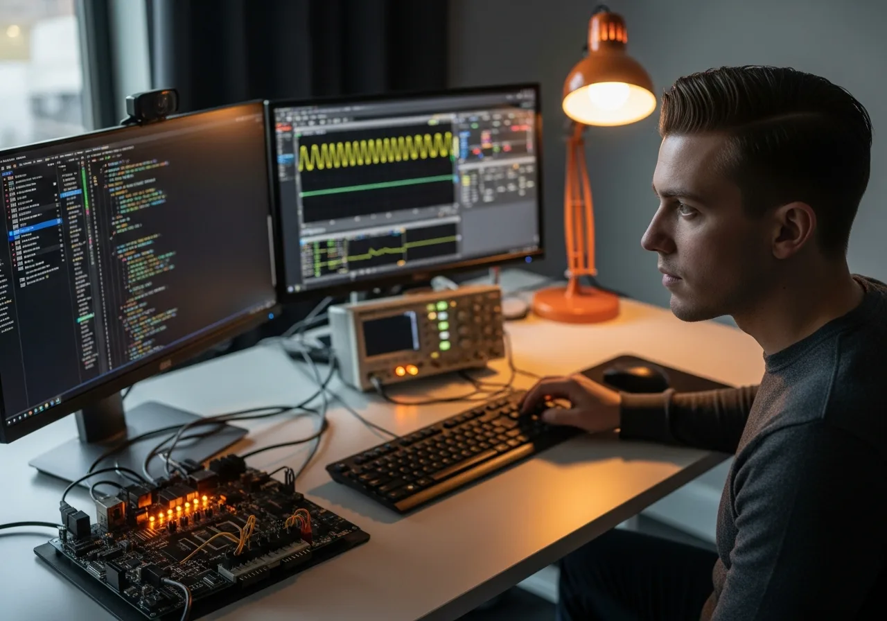 Firmware engineer at dual-monitor workstation with embedded development board and oscilloscope display