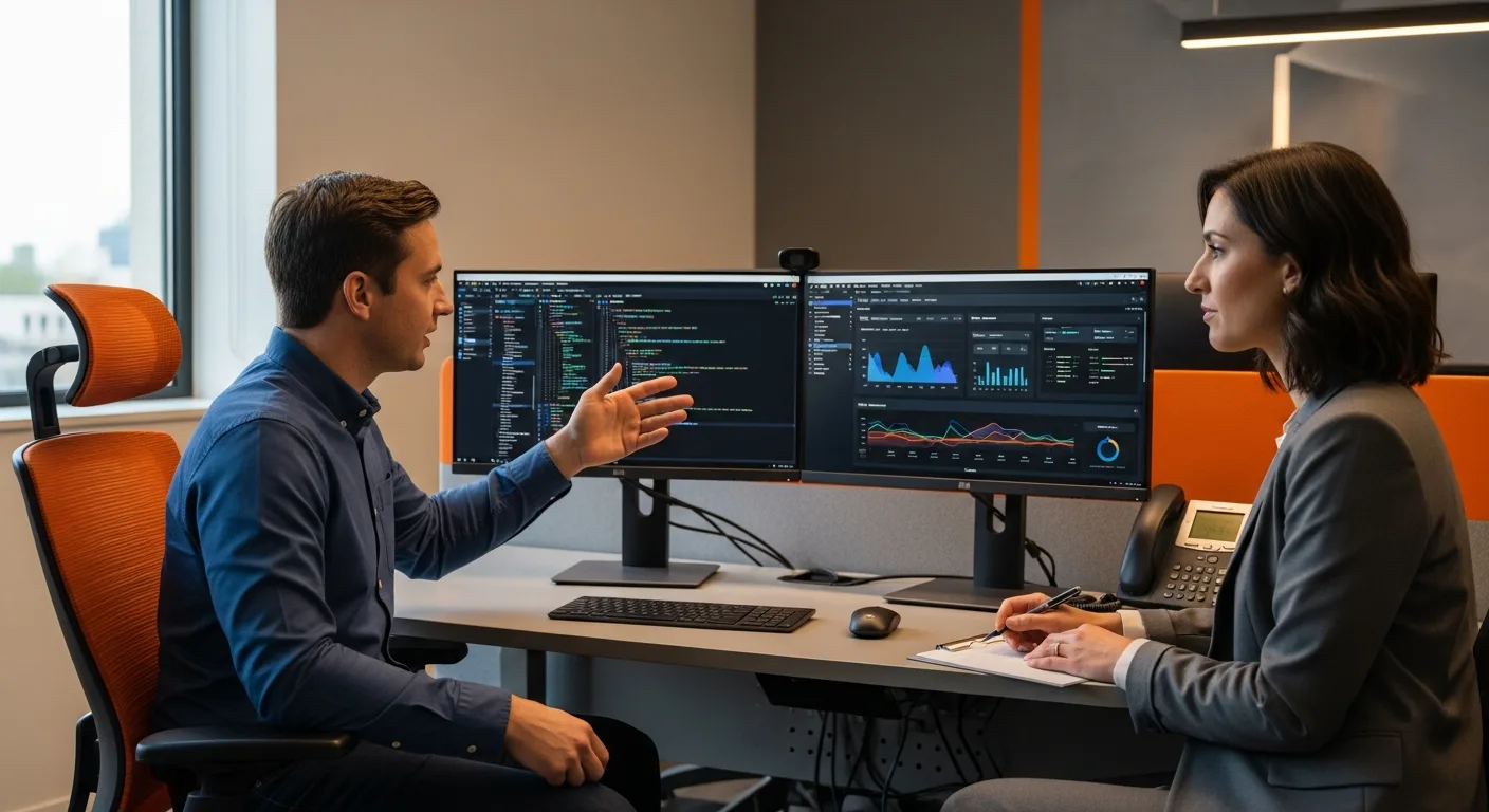 Forward deployed engineer pair-programming with an enterprise customer engineer on an AI deployment dashboard in a modern office