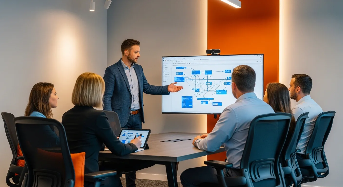 Forward deployed engineer presenting integration architecture diagram to client stakeholders in a conference room with orange accent furniture
