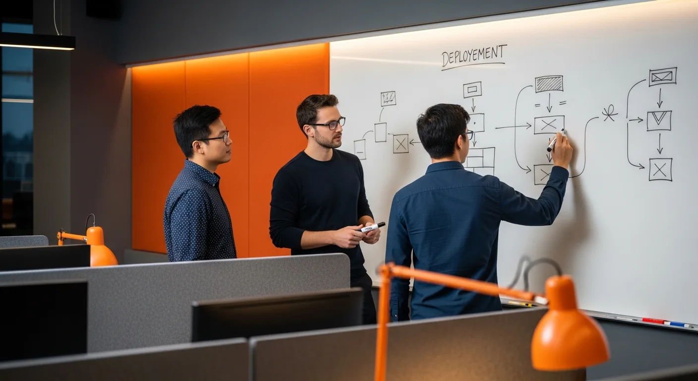 Forward deployed engineering team reviewing customer deployment timeline at a whiteboard in a modern tech office