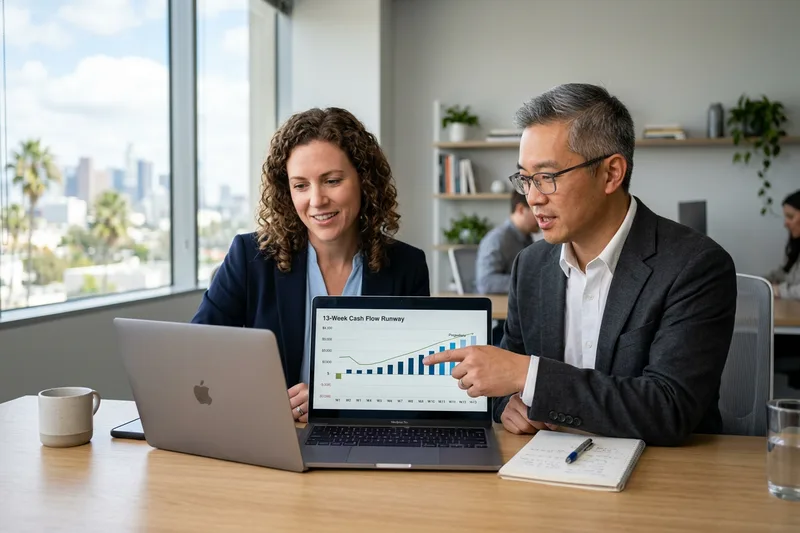 Los Angeles founder and fractional CFO reviewing cash flow runway on a laptop, LA fractional CFO advisory
