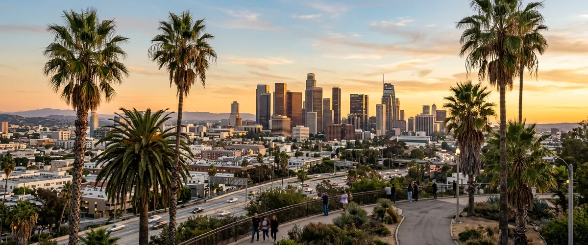 Downtown Los Angeles skyline at golden hour with palm trees, KORE1 fractional CFO Los Angeles