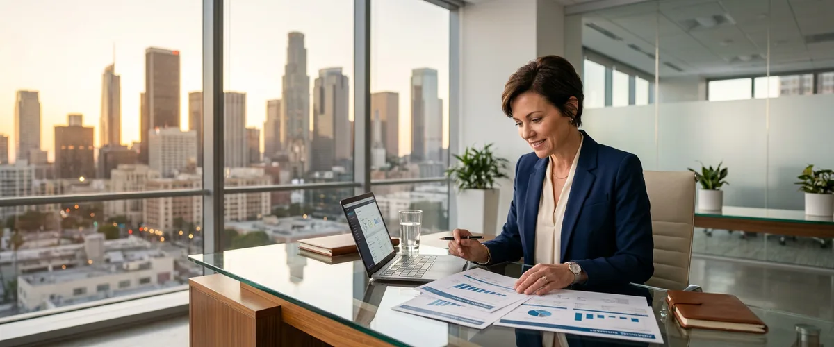 Fractional CFO reviewing financial forecasts with leadership team in a Los Angeles office, KORE1 fractional CFO services Los Angeles