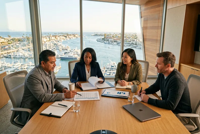 Orange County executive team reviewing cap table and investor materials in a Newport Beach boardroom