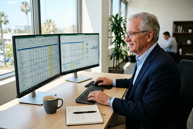 Fractional CFO building a 13-week cash forecast model on dual monitors in an Orange County office