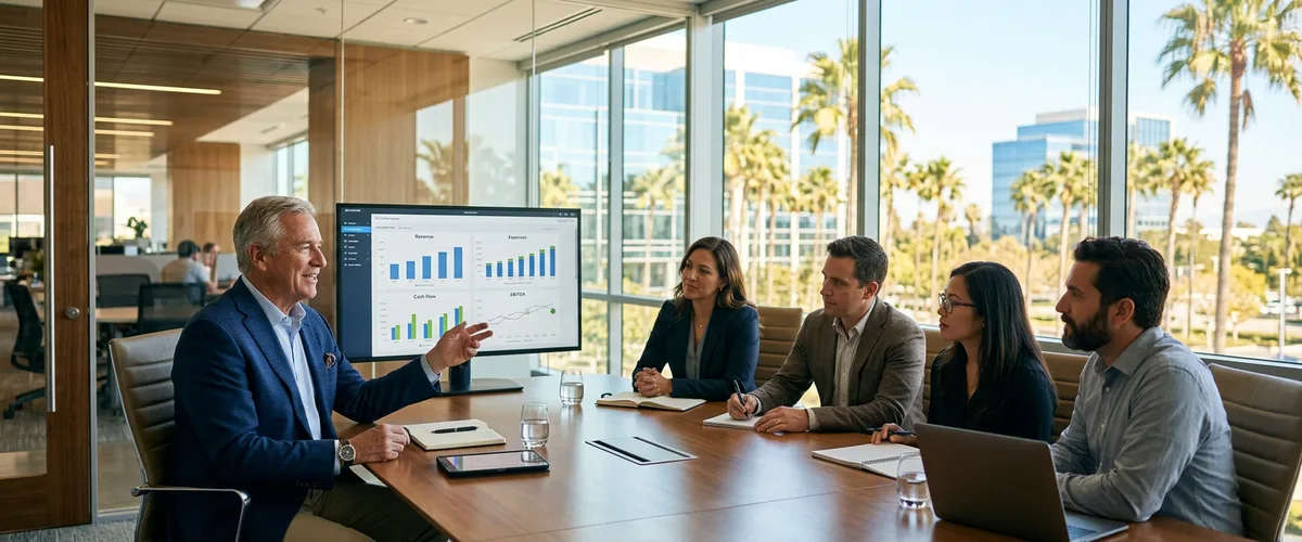 Fractional CFO meeting with Orange County leadership team in a modern Irvine office