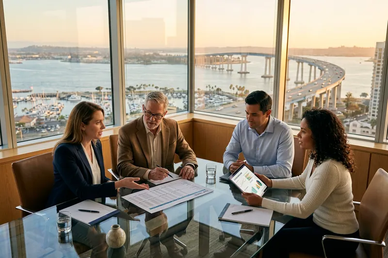 San Diego executive team reviewing cap table and investor materials in a downtown boardroom with bay views
