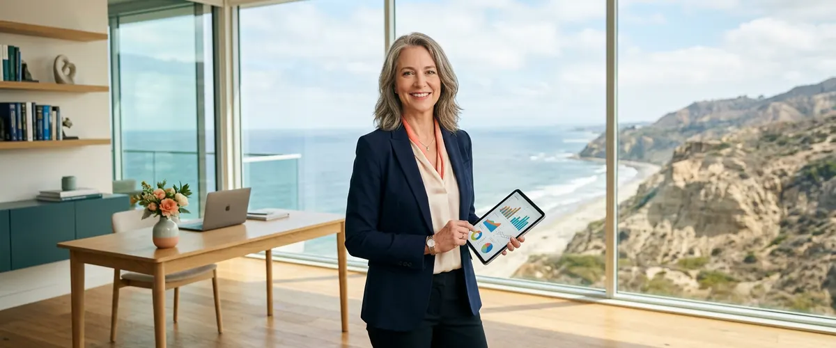 Fractional CFO standing in a Torrey Pines biotech office holding a tablet of financial charts with the Pacific coastline behind