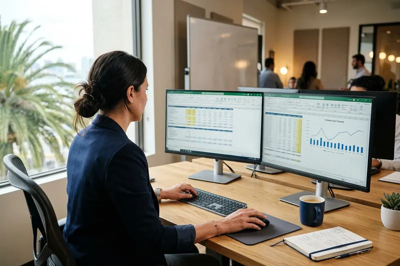 Fractional CFO building a 13-week cash forecast model on dual monitors in a San Diego biotech office