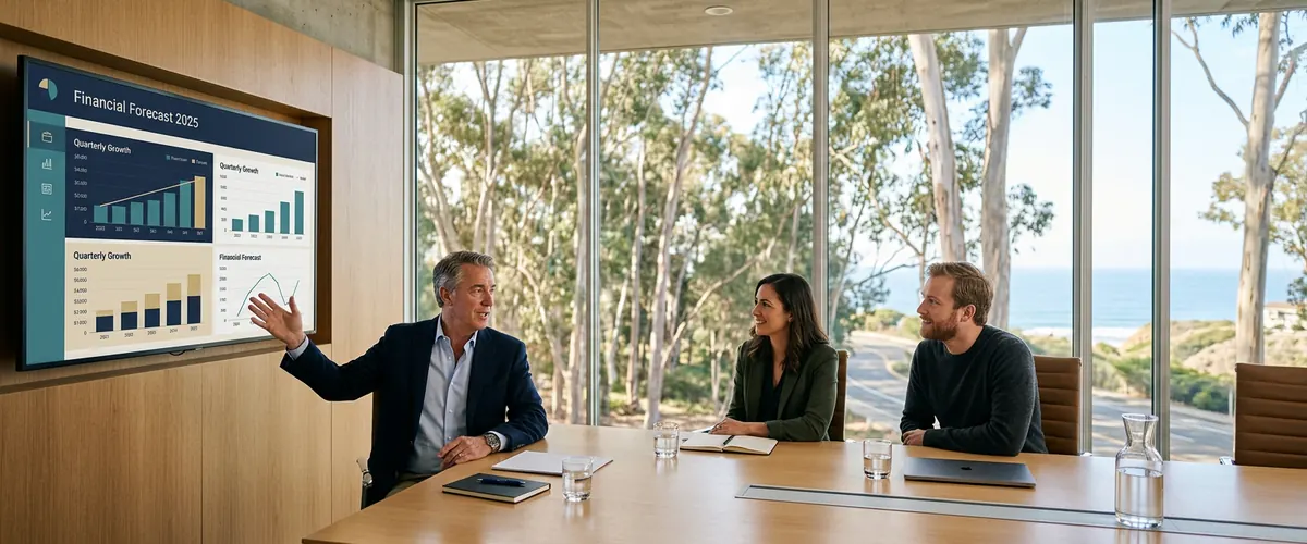 Fractional CFO meeting with San Diego biotech leadership team in a Torrey Pines office overlooking the Pacific