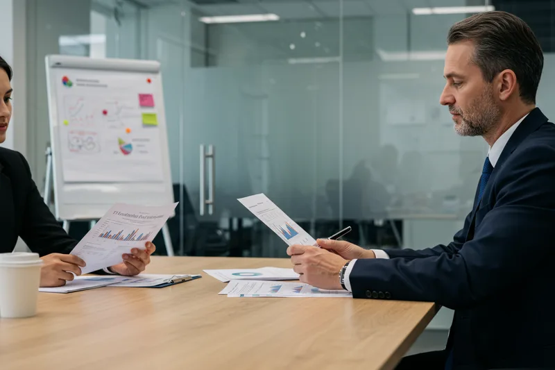 Business executive comparing IT leadership options at conference table, fractional CIO cost analysis