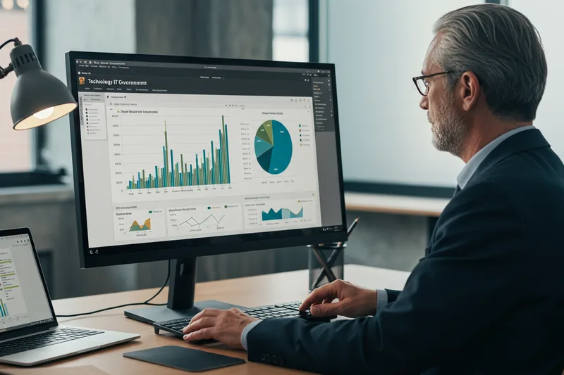 Senior IT executive reviewing enterprise technology governance dashboard, fractional CIO planning
