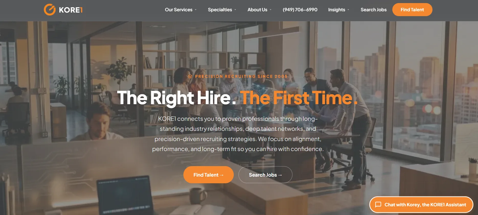KORE1 homepage showing IT staffing and fractional CIO placement services for fast flexible technology leadership