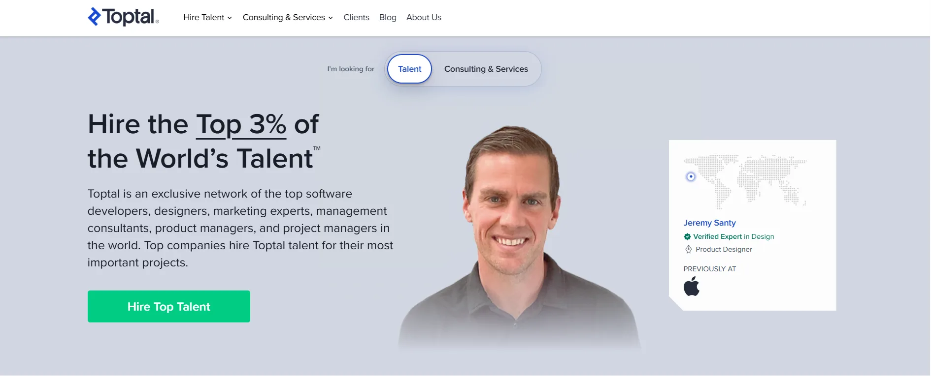 Toptal talent marketplace homepage for hiring fractional CIO executives and on-demand technology leaders directly