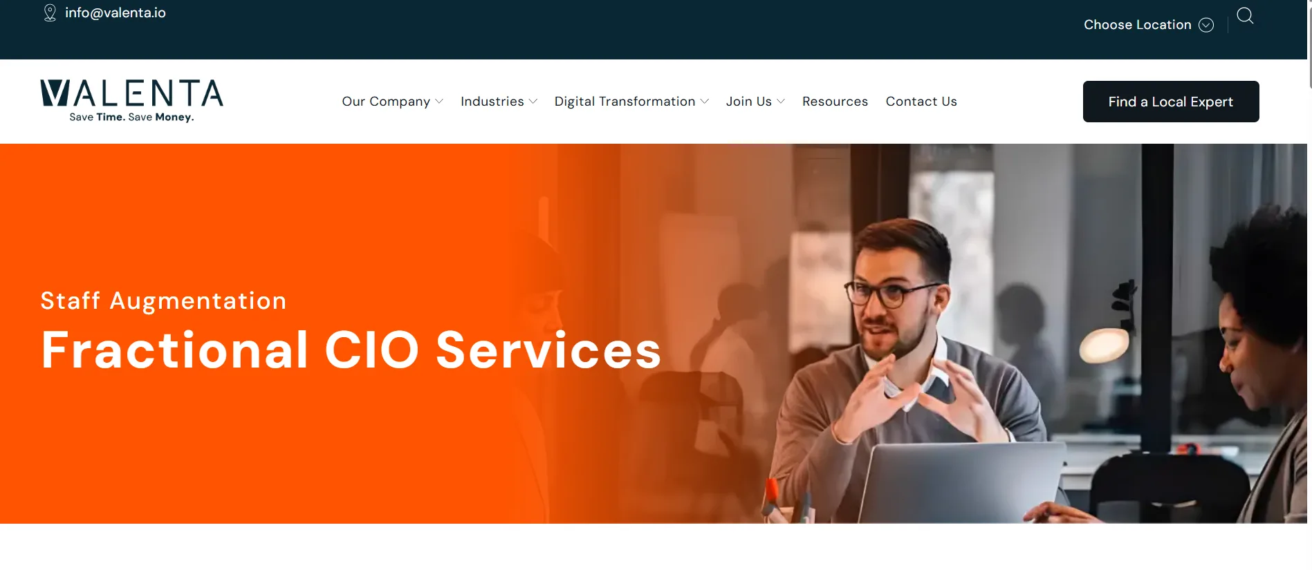 Valenta fractional CIO services page showing strategy and execution support for technology leadership