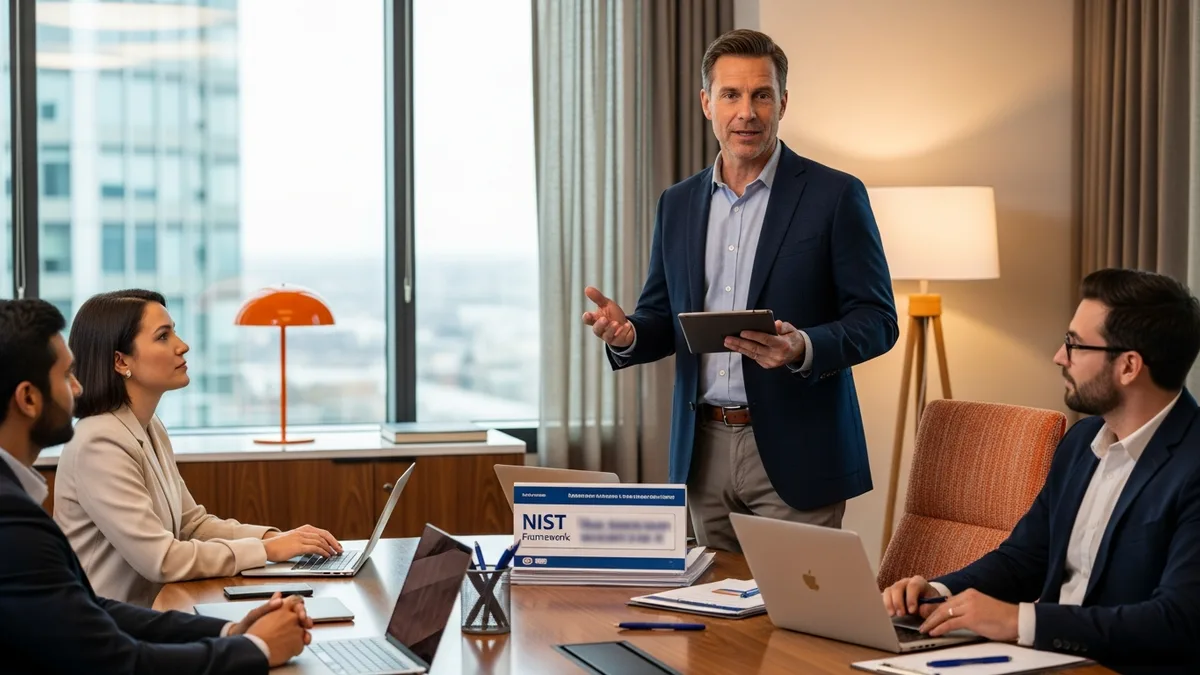 Fractional CISO presenting security roadmap to board of directors in executive boardroom