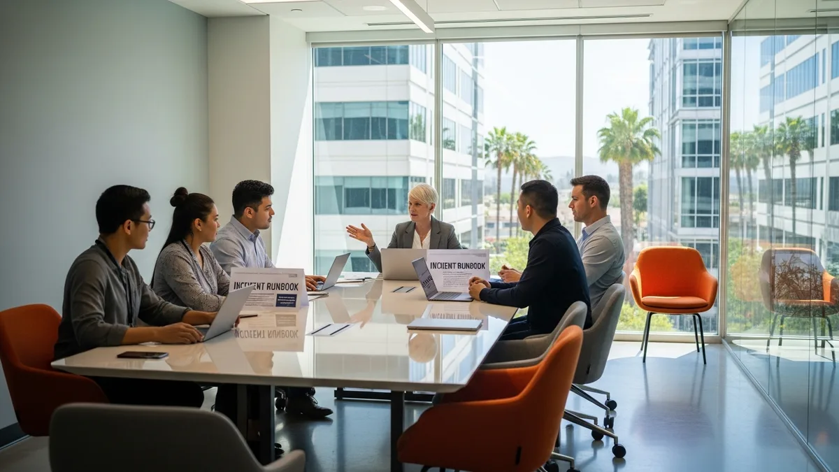 Fractional CISO leading cybersecurity team meeting in modern office